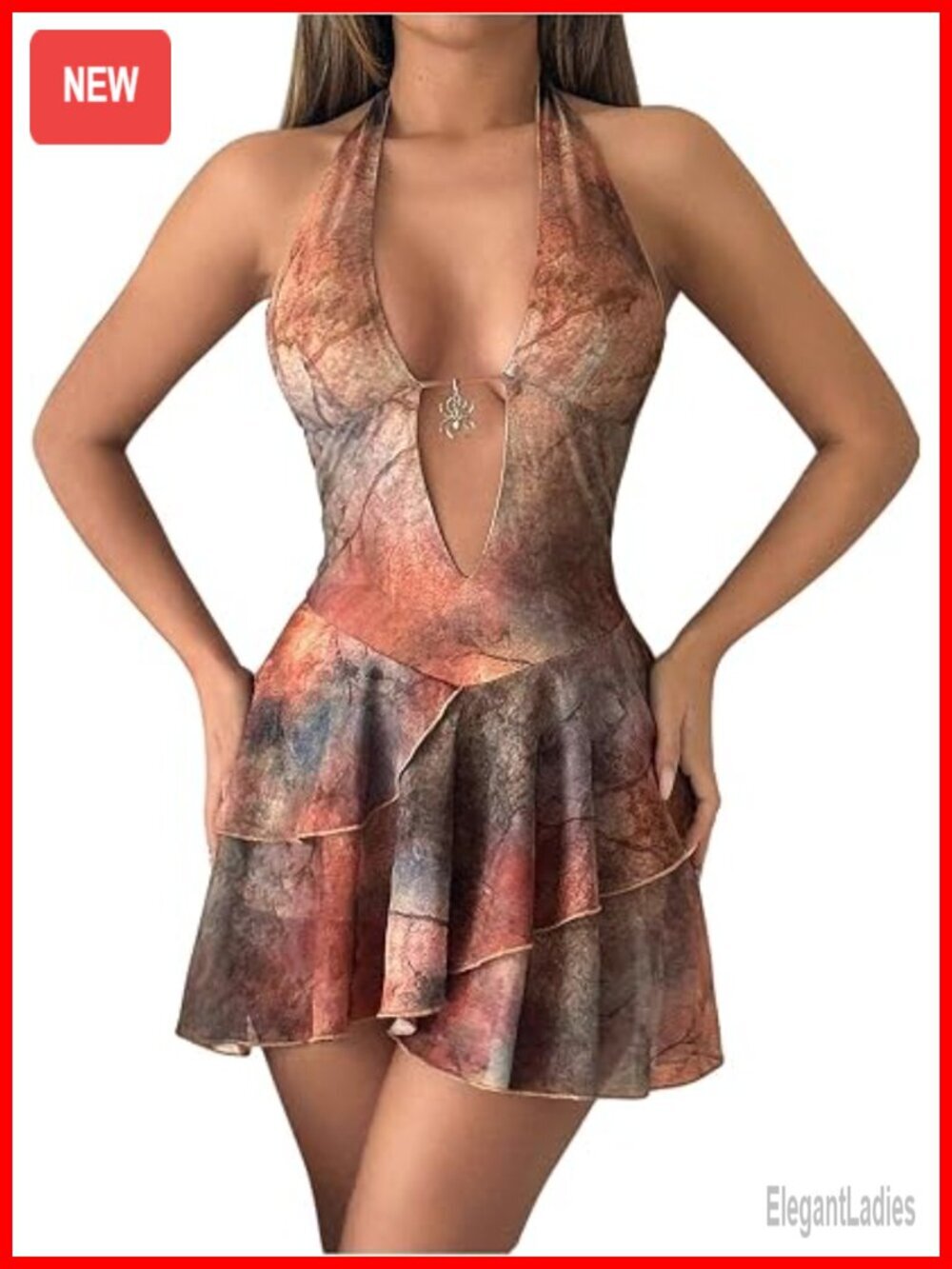 Boho Floral Halter Mini Dress Tie Dye Ruched Layered Ruffle Bodycon Rave Dresses